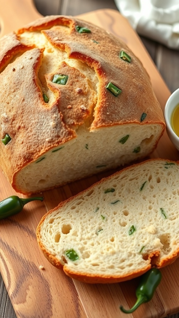 Jalapeño Sourdough Bread Recipe A loaf of jalapeño sourdough bread with a golden crust and green jalapeño pieces, sliced on a wooden board.
